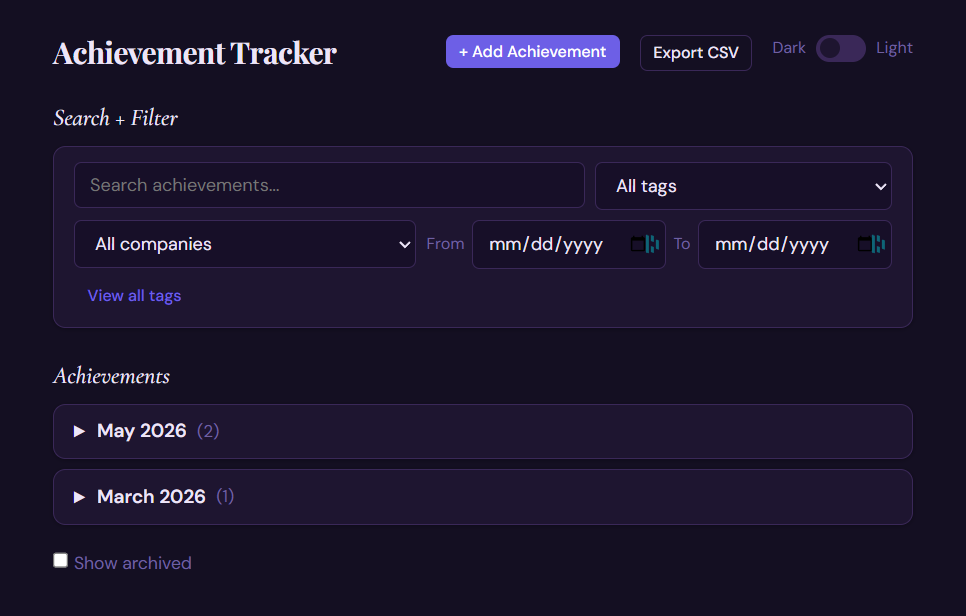 Achievement Tracker main interface showing entries in STAR format
