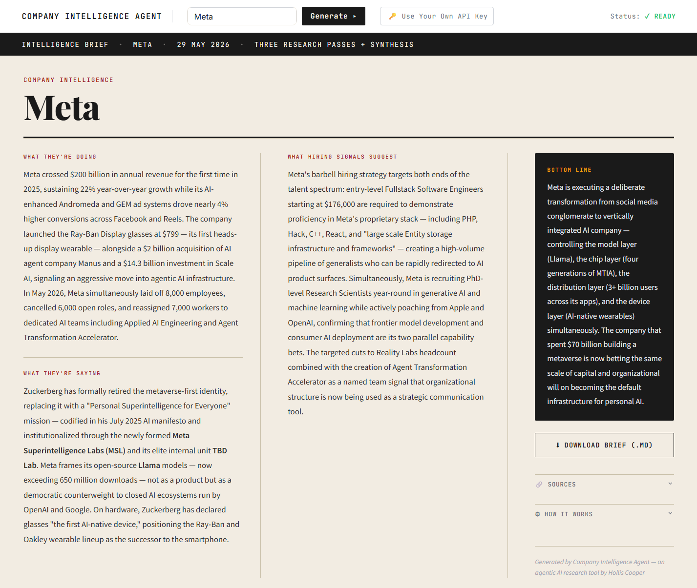 Sample Company Intelligence Agent brief for Meta