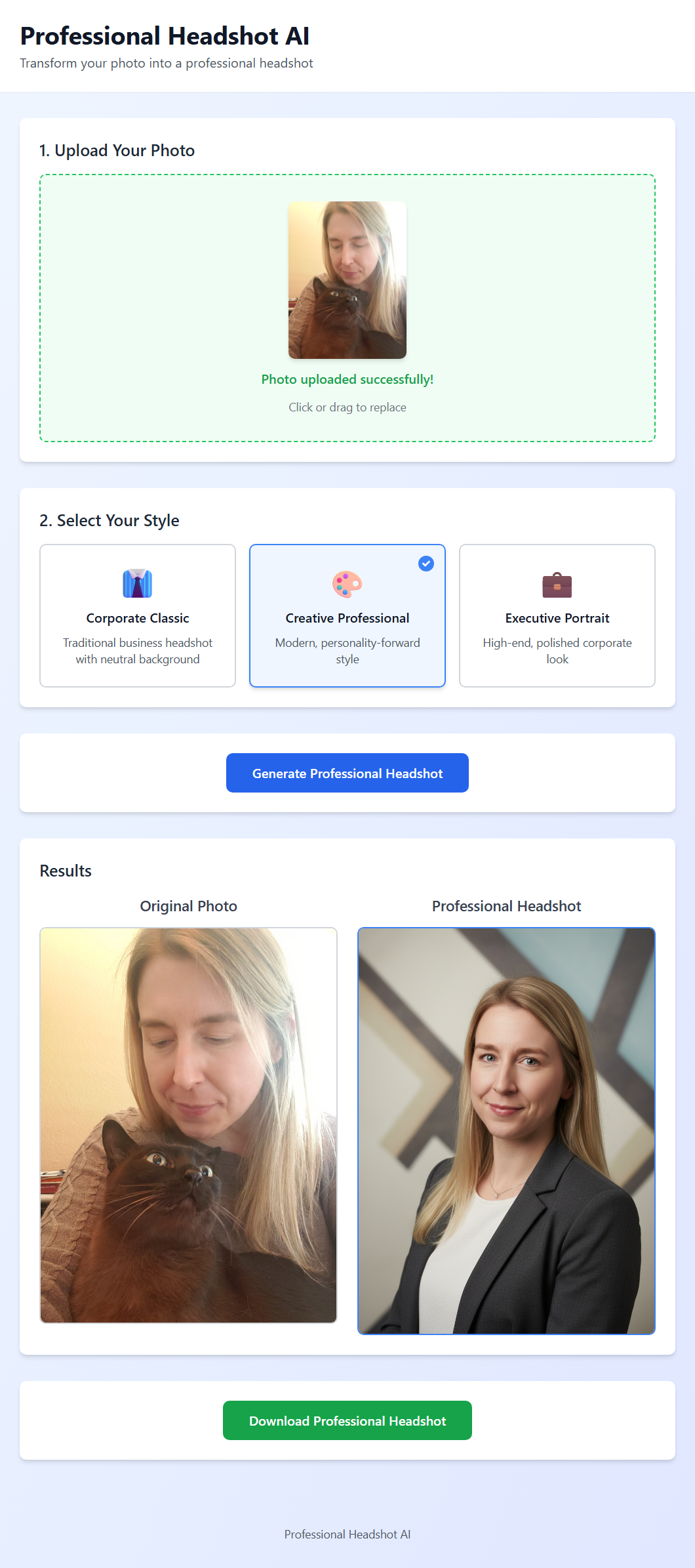 Headshot Generator interface showing original and AI-generated headshot side by side
