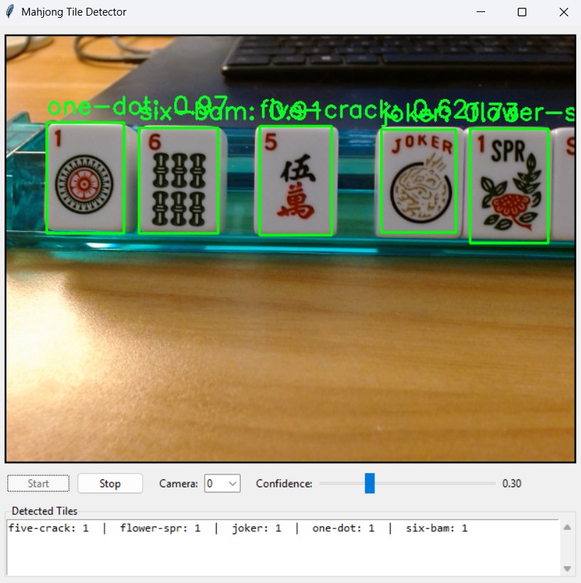 MJAI vision model detecting Mahjongg tiles in real time